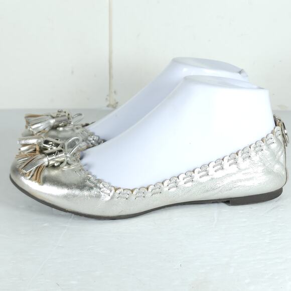 TORY BURCH Women's Reese US 6,5M Silver Leather Tassels Logo SlipOn Ballet Flats - Picture 2 of 16